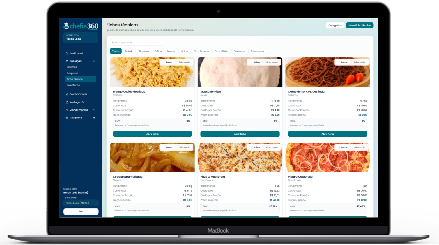 Tela de ficha técnica do Chefia360 em notebook